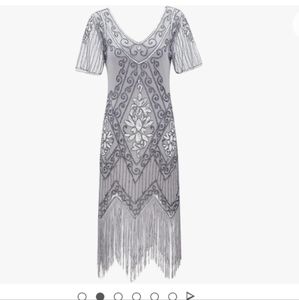 1920s Grey & Silver Beaded Flapper Dress
